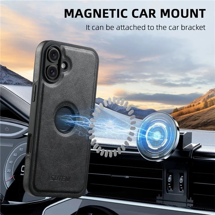 SUTENI M1 para iPhone 16 Carcasa Magnética Extraíble Funda Tarjeta Textura Encerada Cuero+TPU - Negro
