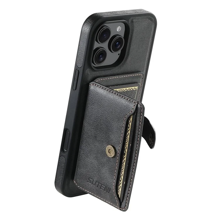 SUTENI M1 para iPhone 16 Pro Funda Magnética Desmontable Bolsa para Tarjetas Textura Encerada Cuero+Funda TPU - Negro