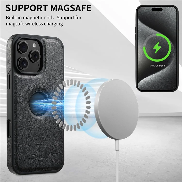 SUTENI M1 para iPhone 16 Pro Funda Magnética Desmontable Bolsa para Tarjetas Textura Encerada Cuero+Funda TPU - Negro