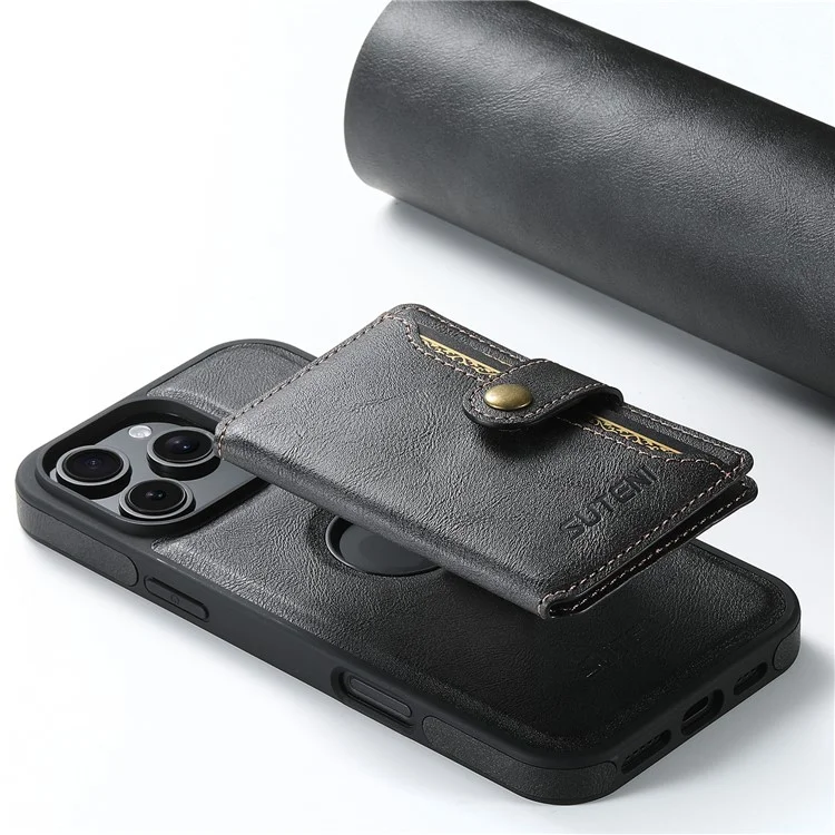 SUTENI M1 para iPhone 16 Pro Funda Magnética Desmontable Bolsa para Tarjetas Textura Encerada Cuero+Funda TPU - Negro