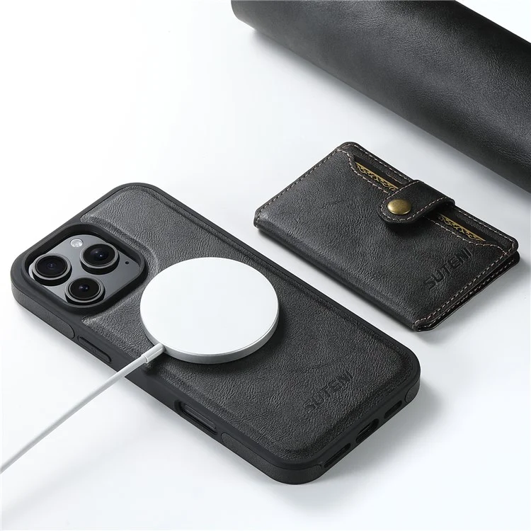 SUTENI M1 para iPhone 16 Pro Funda Magnética Desmontable Bolsa para Tarjetas Textura Encerada Cuero+Funda TPU - Negro
