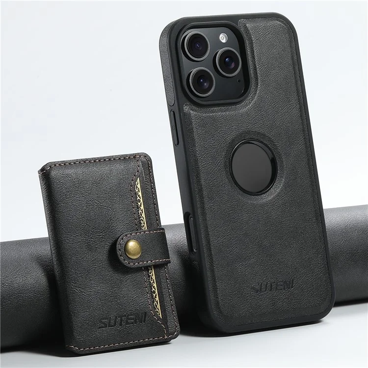 SUTENI M1 para iPhone 16 Pro Funda Magnética Desmontable Bolsa para Tarjetas Textura Encerada Cuero+Funda TPU - Negro