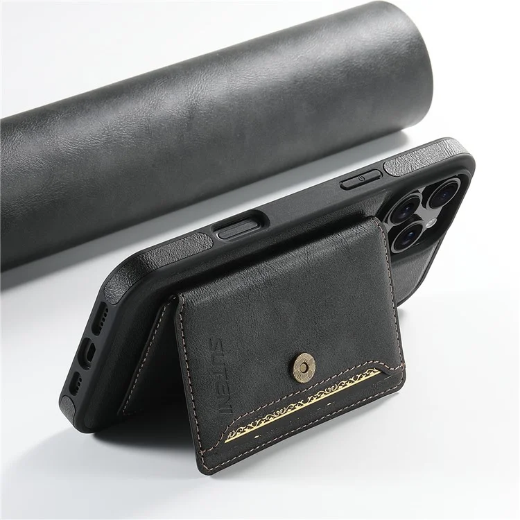 SUTENI M1 para iPhone 16 Pro Funda Magnética Desmontable Bolsa para Tarjetas Textura Encerada Cuero+Funda TPU - Negro