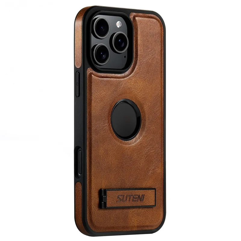 SUTENI G2 For iPhone 16 Pro Magnetic Case Leather Phone Back Cover Waxy Texture Kickstand - Brown