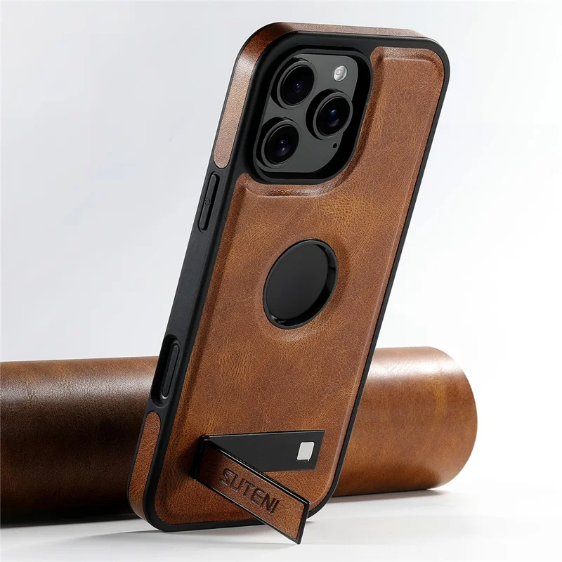 SUTENI G2 For iPhone 16 Pro Magnetic Case Leather Phone Back Cover Waxy Texture Kickstand - Brown