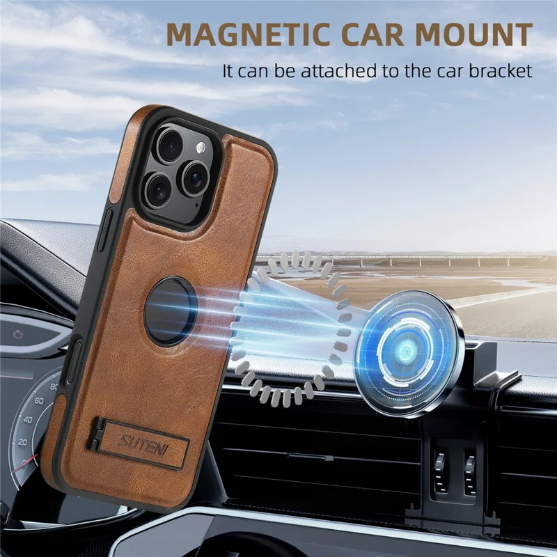 SUTENI G2 For iPhone 16 Pro Magnetic Case Leather Phone Back Cover Waxy Texture Kickstand - Brown