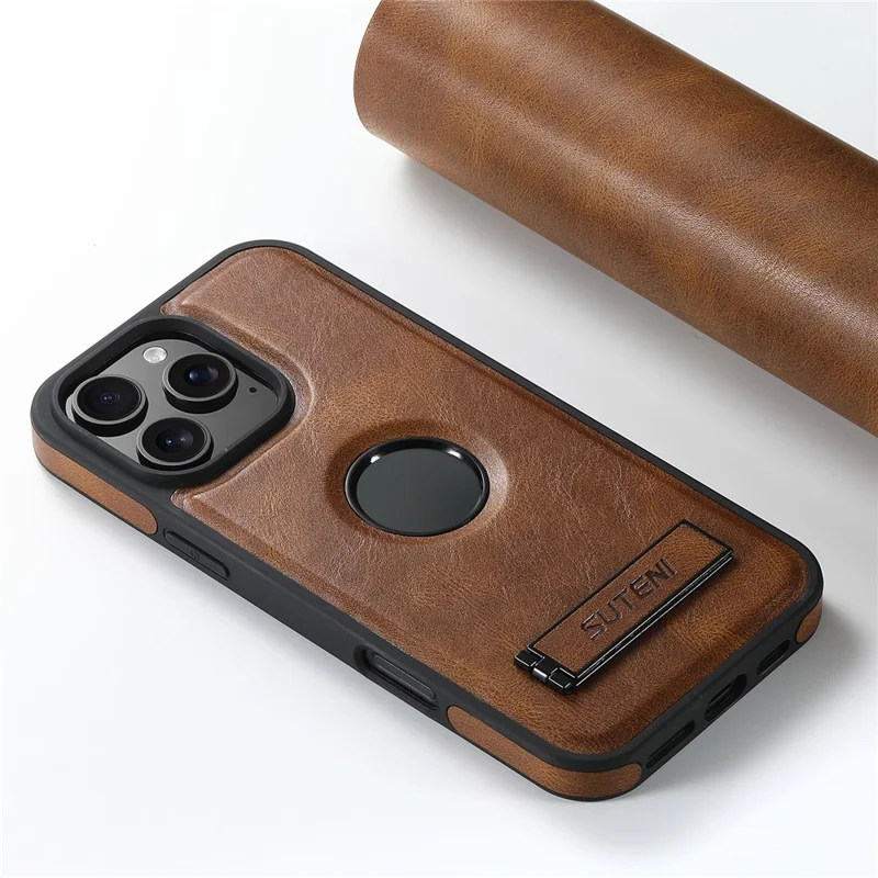 SUTENI G2 For iPhone 16 Pro Magnetic Case Leather Phone Back Cover Waxy Texture Kickstand - Brown