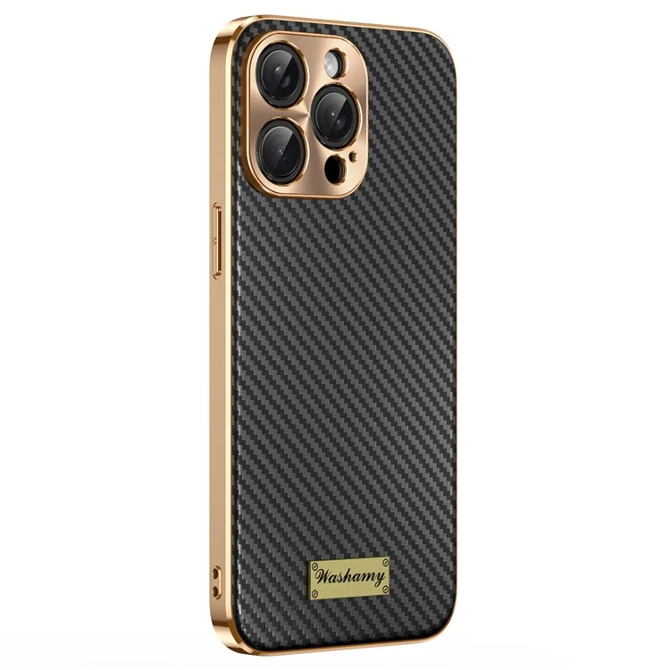 For iPhone 15 Pro Case Carbon Fiber Texture Electroplating Cowhide Leather+TPU Phone Cover - Black