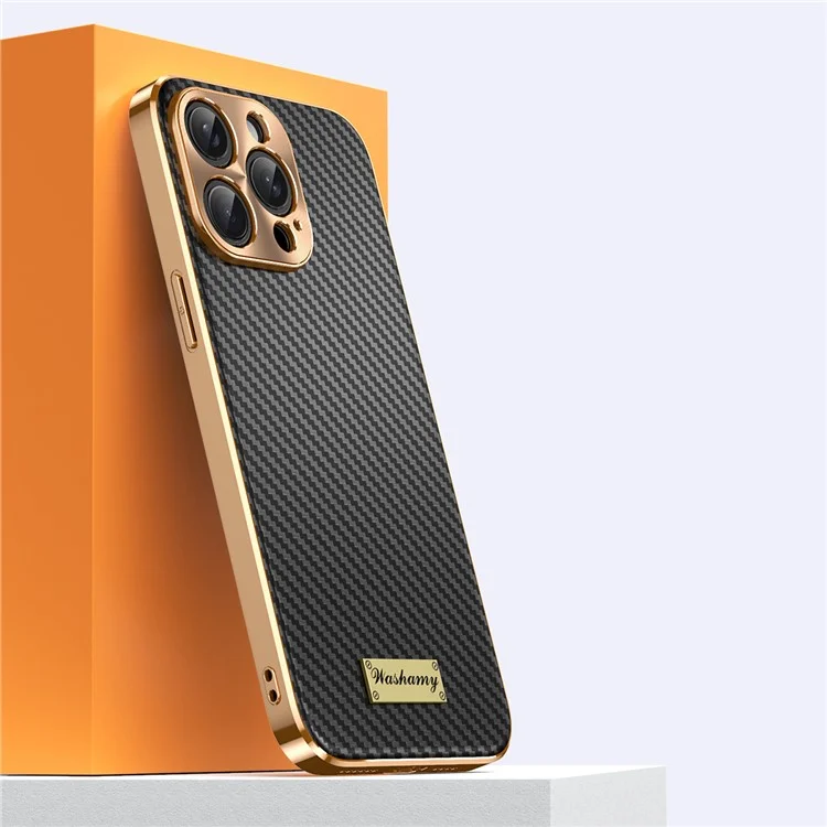 For iPhone 15 Pro Case Carbon Fiber Texture Electroplating Cowhide Leather+TPU Phone Cover - Black