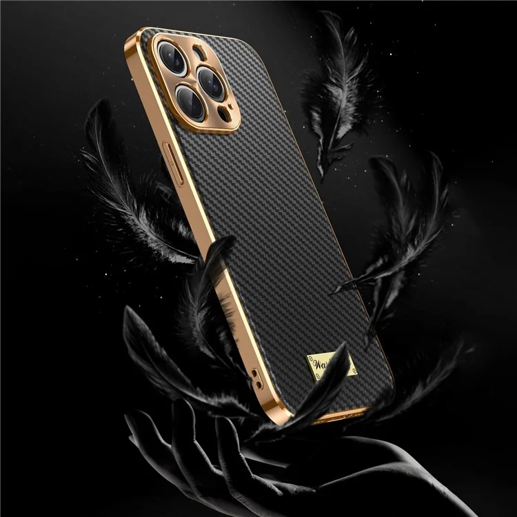 For iPhone 15 Pro Case Carbon Fiber Texture Electroplating Cowhide Leather+TPU Phone Cover - Black