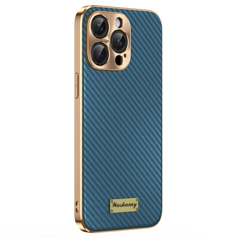 For iPhone 15 Pro Case Carbon Fiber Texture Electroplating Cowhide Leather+TPU Phone Cover - Green