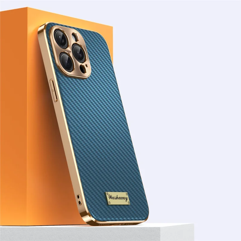 For iPhone 15 Pro Case Carbon Fiber Texture Electroplating Cowhide Leather+TPU Phone Cover - Green