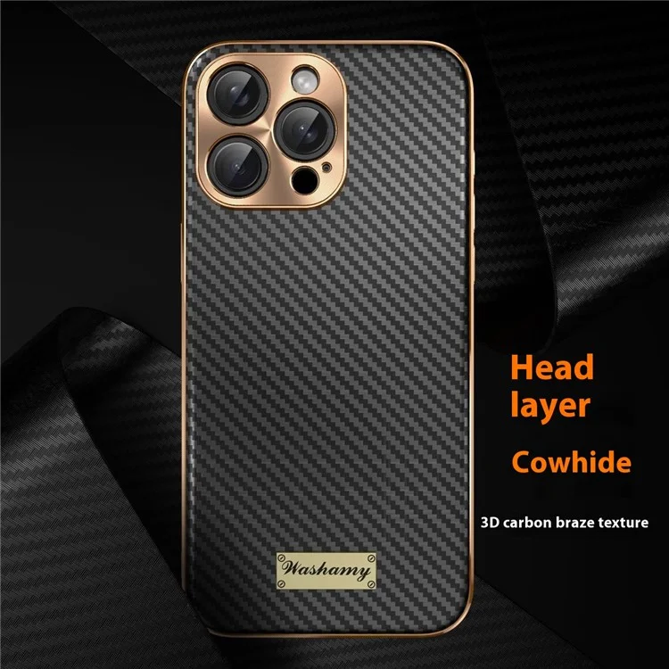 For iPhone 16 Pro Max Case Carbon Fiber Texture Electroplating Cowhide Leather+TPU Phone Cover - Black