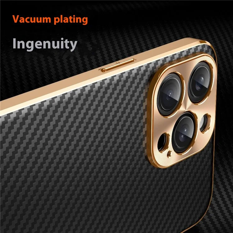 For iPhone 16 Pro Max Case Carbon Fiber Texture Electroplating Cowhide Leather+TPU Phone Cover - Black