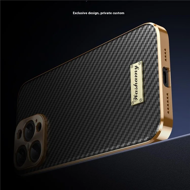 For iPhone 16 Pro Max Case Carbon Fiber Texture Electroplating Cowhide Leather+TPU Phone Cover - Black