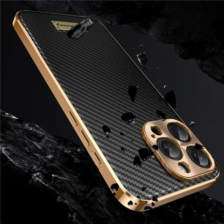 For iPhone 16 Pro Max Case Carbon Fiber Texture Electroplating Cowhide Leather+TPU Phone Cover - Black