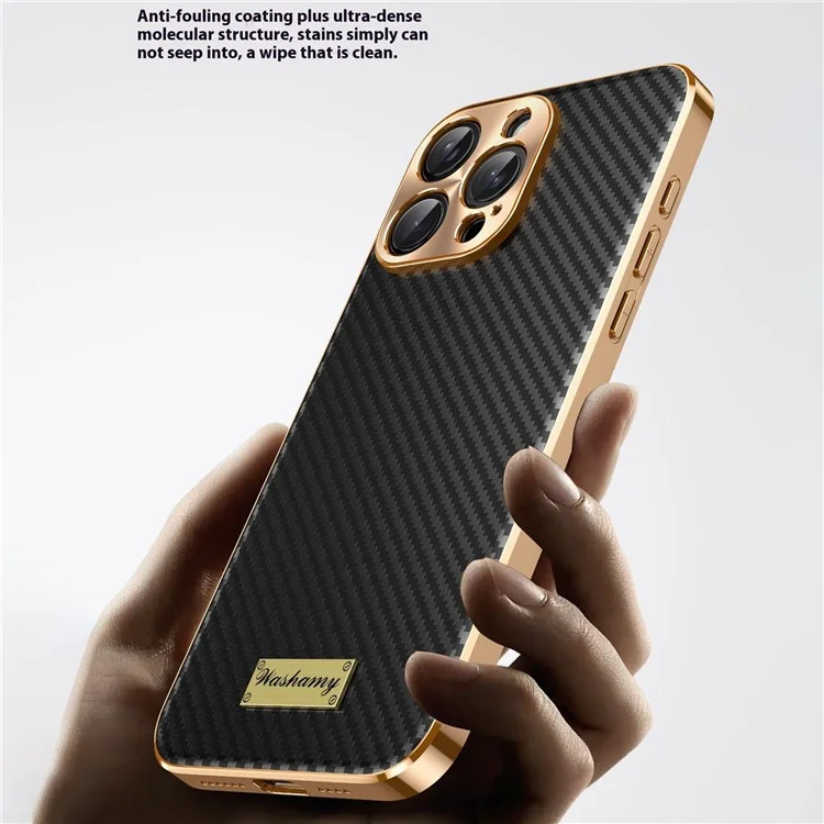 For iPhone 16 Pro Max Case Carbon Fiber Texture Electroplating Cowhide Leather+TPU Phone Cover - Black