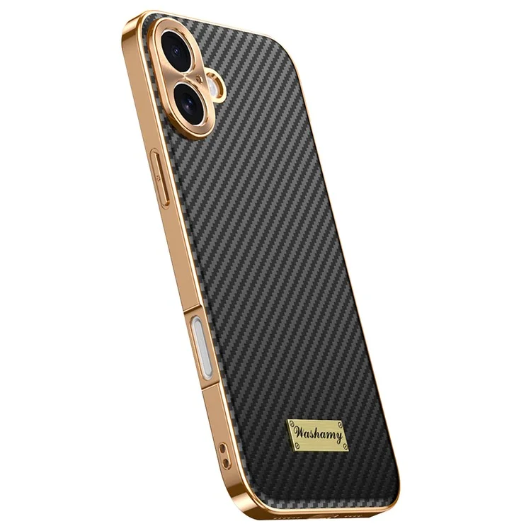 For iPhone 16 Case Carbon Fiber Texture Electroplating Cowhide Leather+TPU Phone Cover - Black