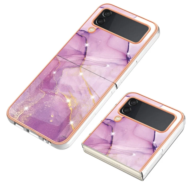 Capa TPU para Samsung Galaxy Z Flip4 5G com Padrão de Mármore IMD e Capa Traseira Galvanizada - Roxo 001