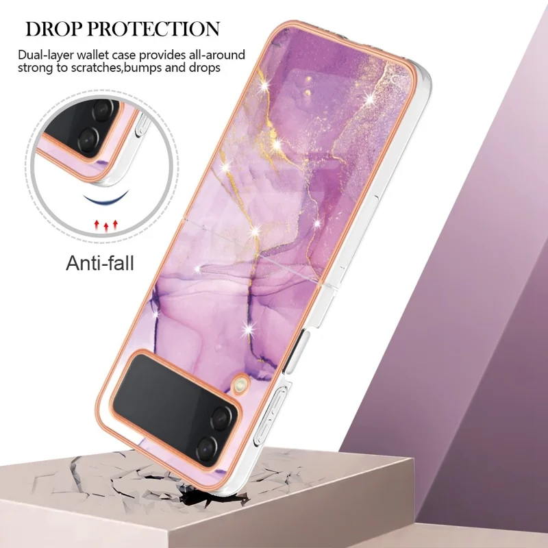 Capa TPU para Samsung Galaxy Z Flip4 5G com Padrão de Mármore IMD e Capa Traseira Galvanizada - Roxo 001