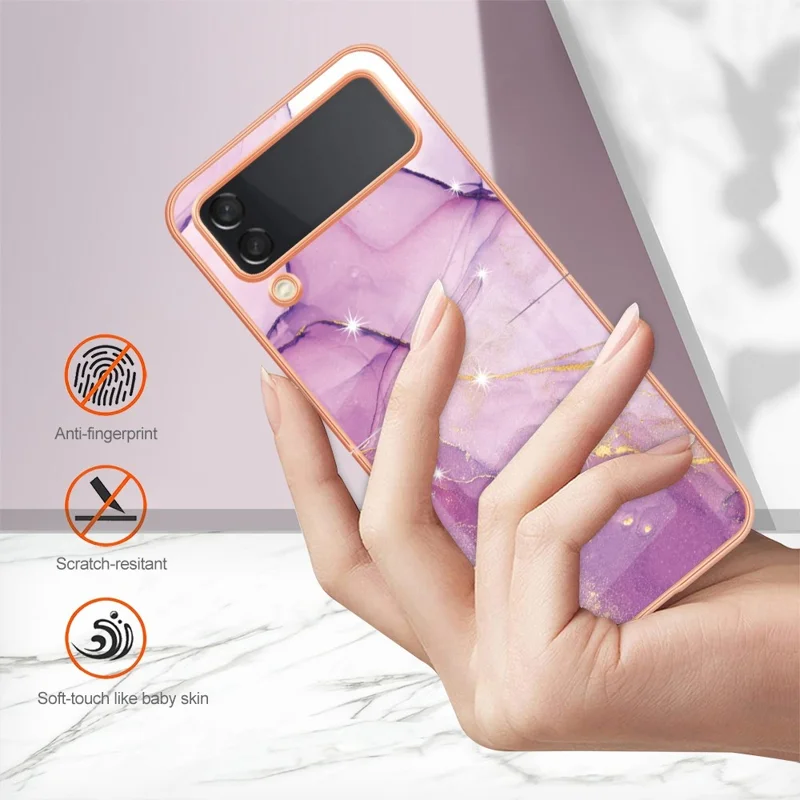 Capa TPU para Samsung Galaxy Z Flip4 5G com Padrão de Mármore IMD e Capa Traseira Galvanizada - Roxo 001