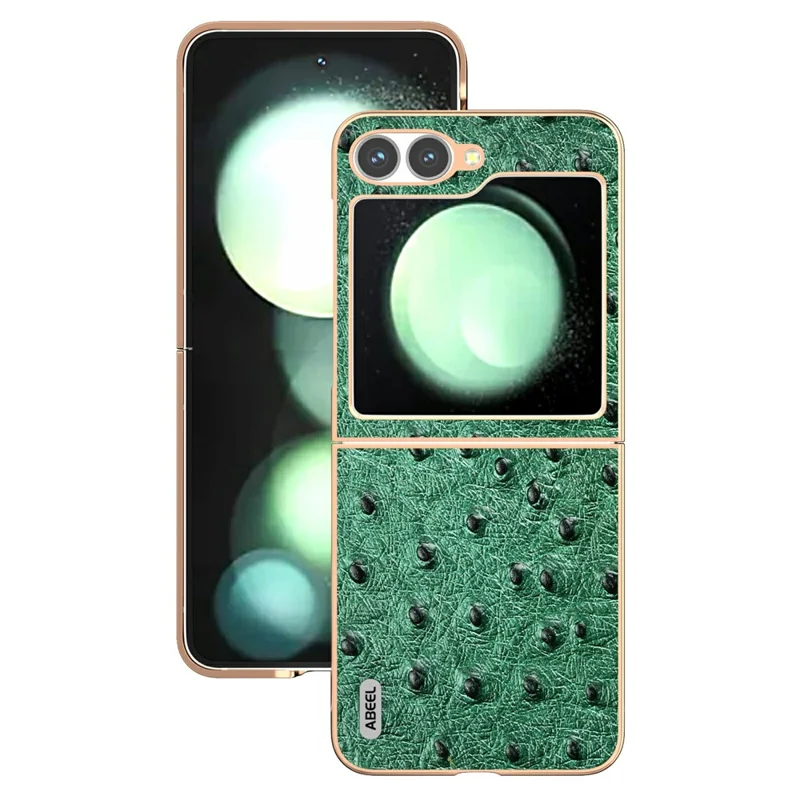 ABEEL For Samsung Galaxy Z Flip7 FE 5G / Z Flip6 5G Case Electroplating Edge Ostrich Texture Genuine Cow Leather Back Cover - Green