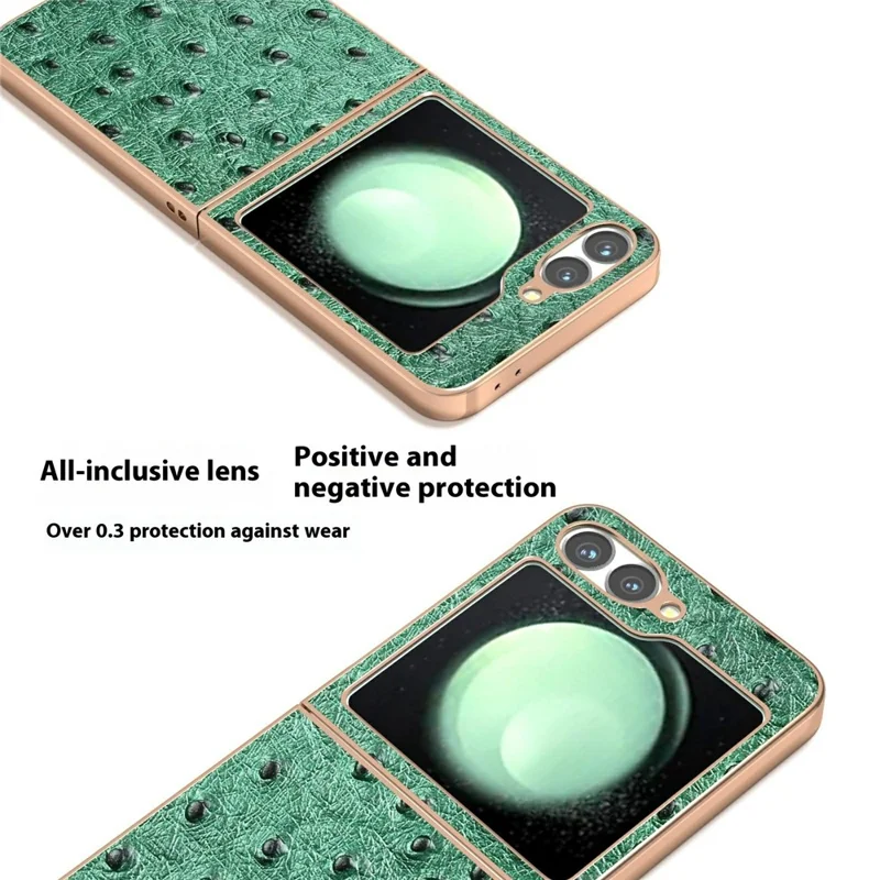 ABEEL For Samsung Galaxy Z Flip7 FE 5G / Z Flip6 5G Case Electroplating Edge Ostrich Texture Genuine Cow Leather Back Cover - Green