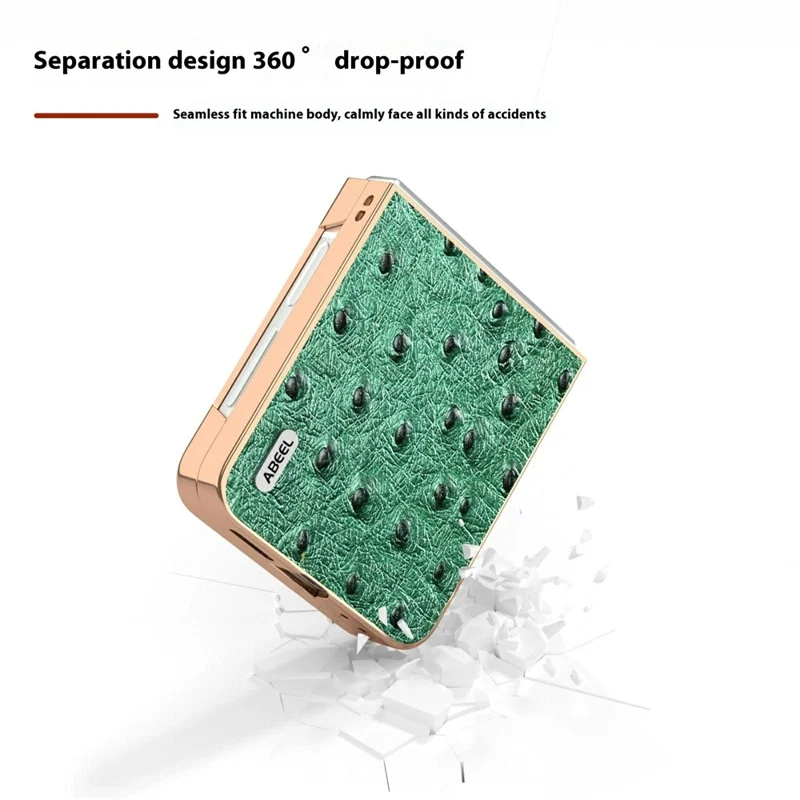 ABEEL For Samsung Galaxy Z Flip7 FE 5G / Z Flip6 5G Case Electroplating Edge Ostrich Texture Genuine Cow Leather Back Cover - Green