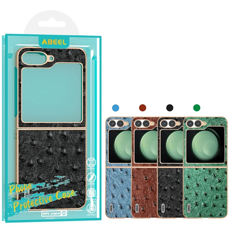 ABEEL For Samsung Galaxy Z Flip7 FE 5G / Z Flip6 5G Case Electroplating Edge Ostrich Texture Genuine Cow Leather Back Cover - Green