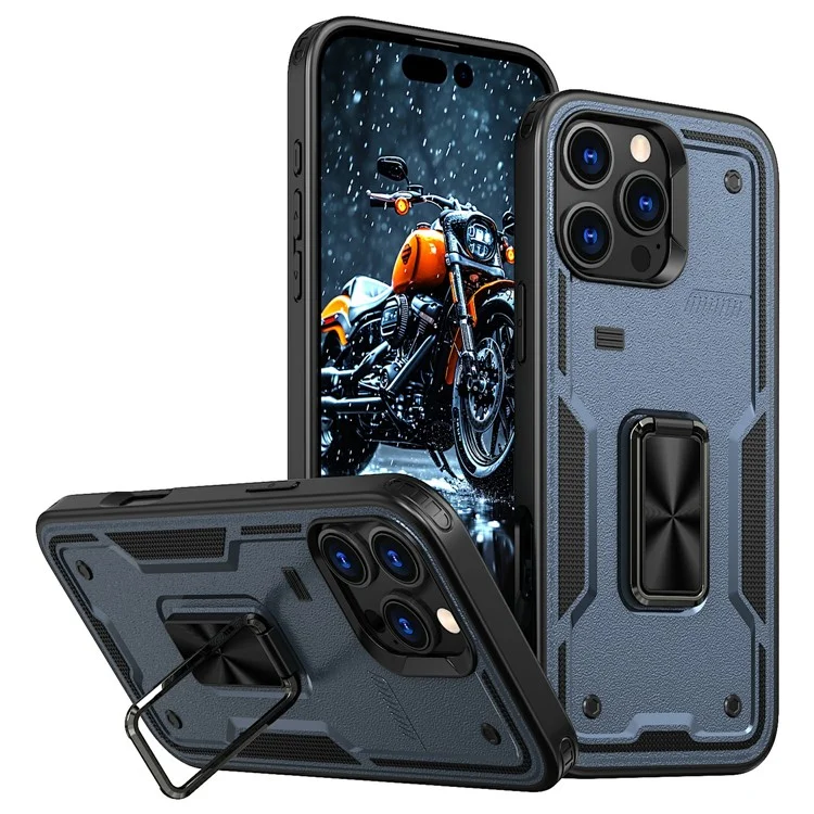 Capa para iPhone 16 Pro Max com suporte, tampa deslizante para lente, protetor de telefone PC+TPU - Azul
