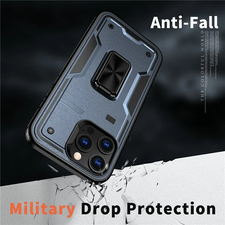Capa para iPhone 16 Pro Max com suporte, tampa deslizante para lente, protetor de telefone PC+TPU - Azul