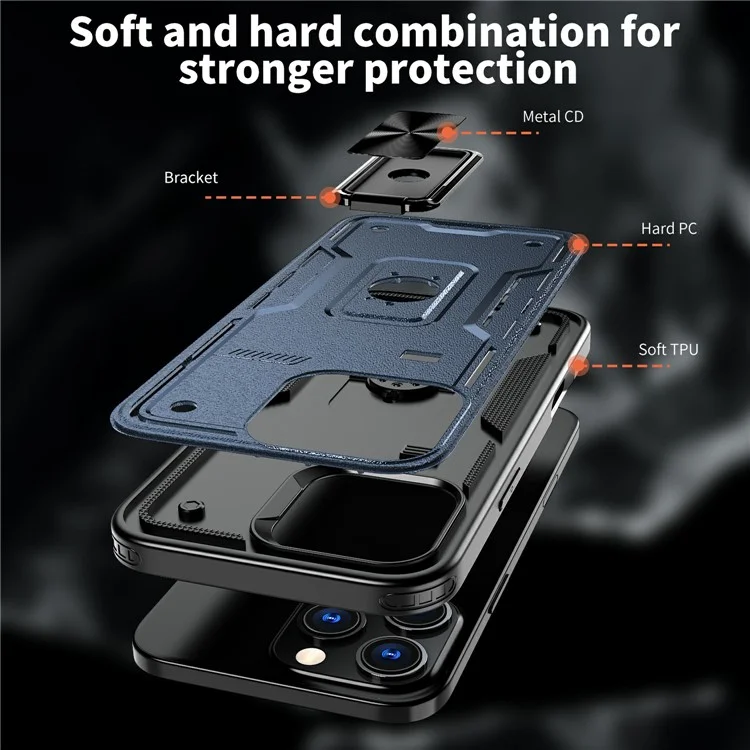 Capa para iPhone 16 Pro Max com suporte, tampa deslizante para lente, protetor de telefone PC+TPU - Azul