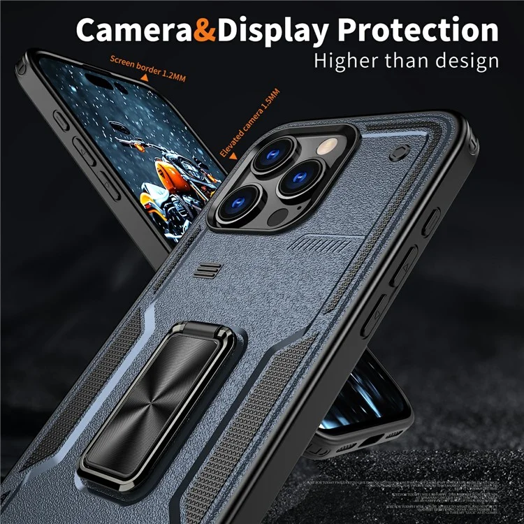 Capa para iPhone 16 Pro Max com suporte, tampa deslizante para lente, protetor de telefone PC+TPU - Azul