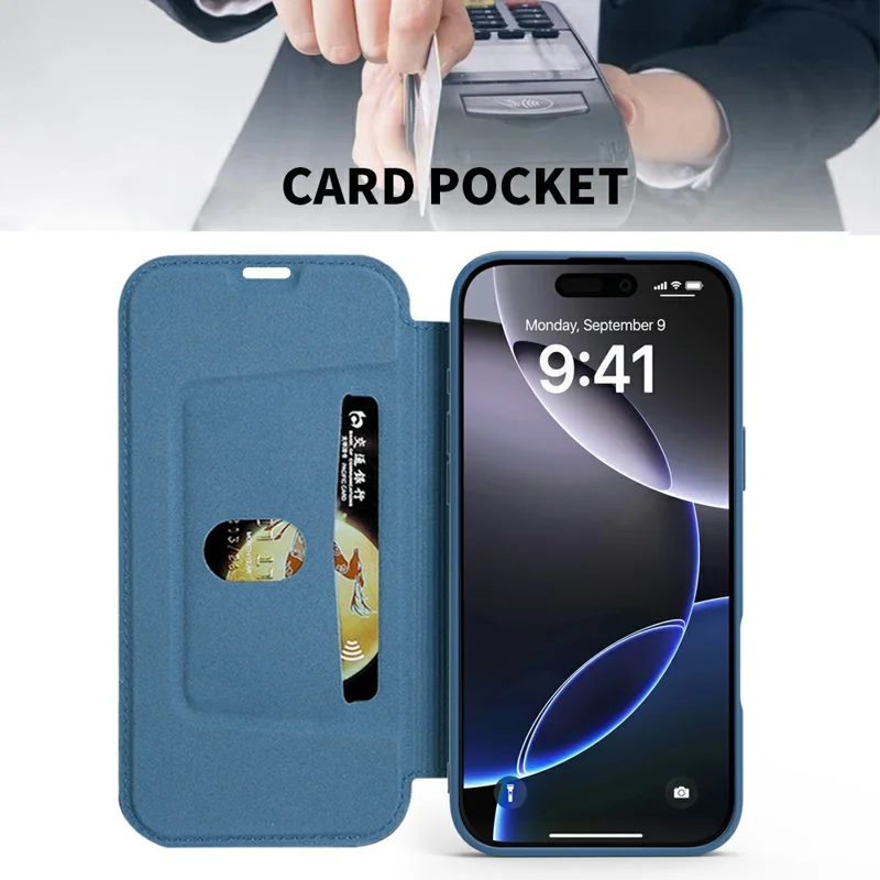 For iPhone 16 Pro Max Case Card Holder Kickstand Liquid Silicone Phone Cover - Sapphire