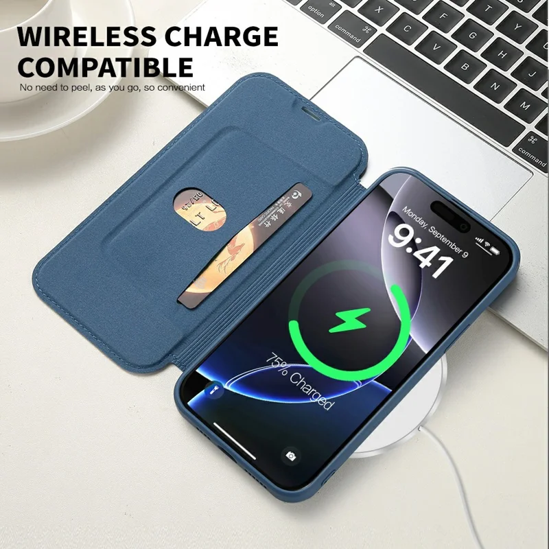 For iPhone 16 Pro Max Case Card Holder Kickstand Liquid Silicone Phone Cover - Sapphire