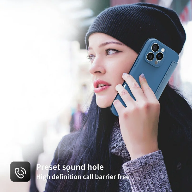 For iPhone 16 Pro Max Case Card Holder Kickstand Liquid Silicone Phone Cover - Sapphire