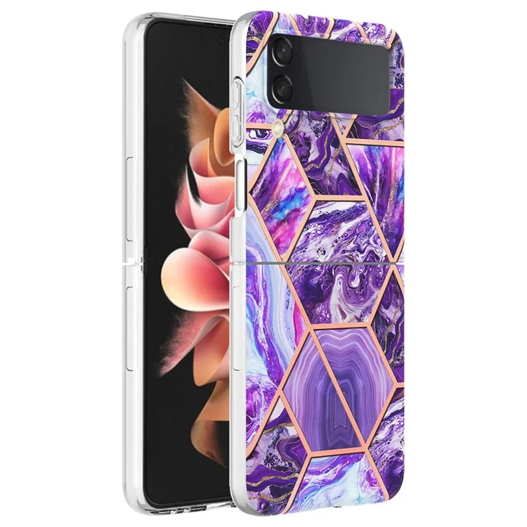 YB IMD Series-3 für Samsung Galaxy Z Flip4 5G Marmorstruktur-Design TPU-Handyhülle, doppelseitige Elektroplattierung IMD Schutzhülle - Dunkelviolett
