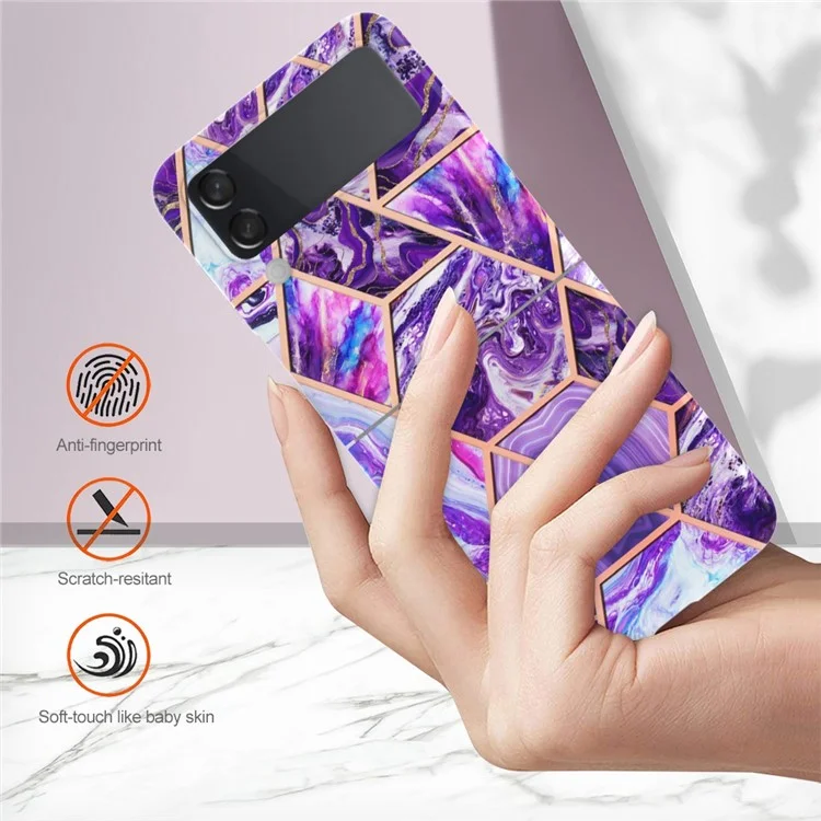 YB IMD Series-3 für Samsung Galaxy Z Flip4 5G Marmorstruktur-Design TPU-Handyhülle, doppelseitige Elektroplattierung IMD Schutzhülle - Dunkelviolett