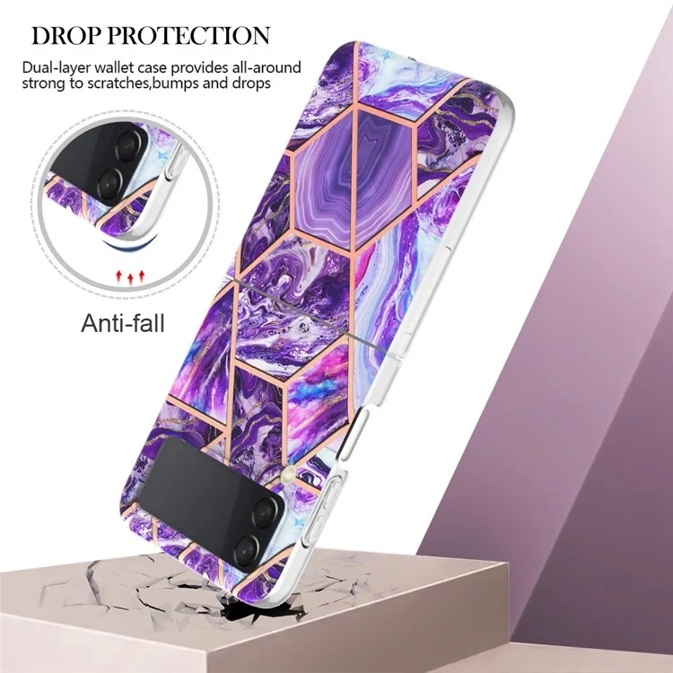 YB IMD Series-3 für Samsung Galaxy Z Flip4 5G Marmorstruktur-Design TPU-Handyhülle, doppelseitige Elektroplattierung IMD Schutzhülle - Dunkelviolett