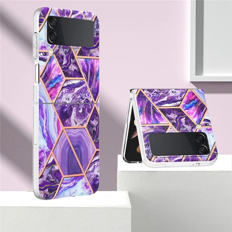 YB IMD Series-3 für Samsung Galaxy Z Flip4 5G Marmorstruktur-Design TPU-Handyhülle, doppelseitige Elektroplattierung IMD Schutzhülle - Dunkelviolett