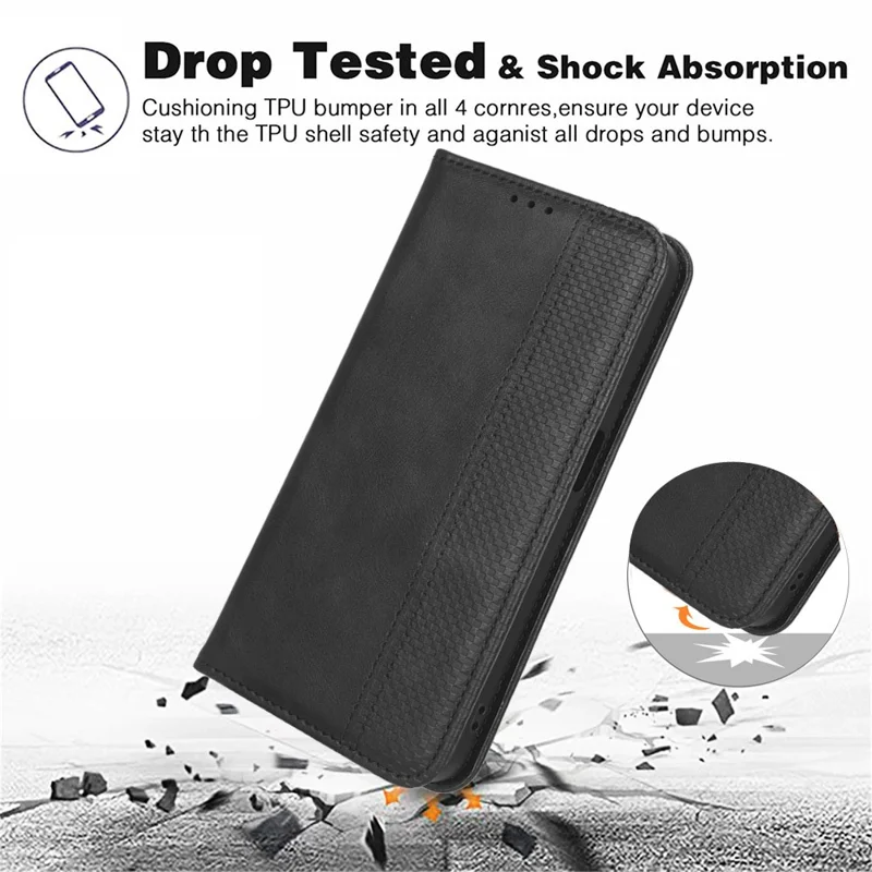 Per vivo T3 Pro 5G / iQOO Z9s Pro 5G Custodia in pelle Portafoglio Stand Texture retrò Cover per telefono - Nera