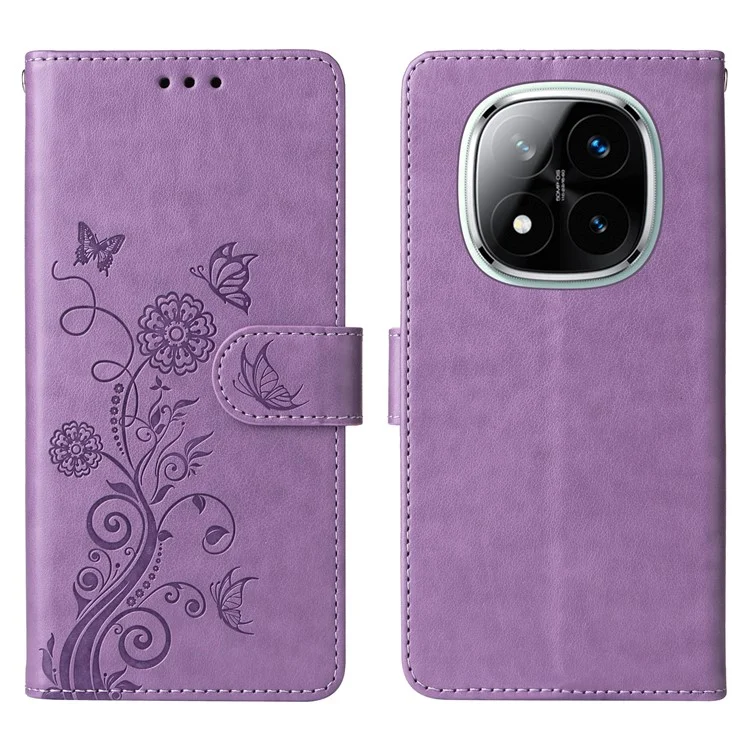 Custodia in pelle con stampa floreale a farfalla e funzione stand per Xiaomi Redmi Note 14 Pro+ 5G / Note 14 Pro 5G - Viola