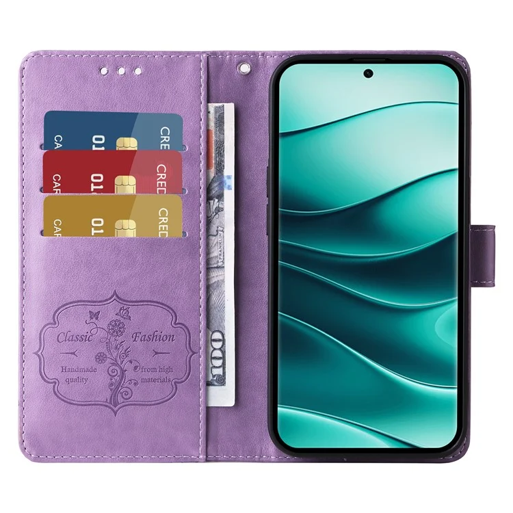 Custodia in pelle con stampa floreale a farfalla e funzione stand per Xiaomi Redmi Note 14 Pro+ 5G / Note 14 Pro 5G - Viola