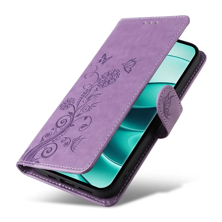 Custodia in pelle con stampa floreale a farfalla e funzione stand per Xiaomi Redmi Note 14 Pro+ 5G / Note 14 Pro 5G - Viola