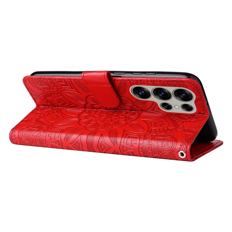 For Samsung Galaxy S25 Ultra Case Sunflower Imprint Leather Wallet Phone Cover - Red