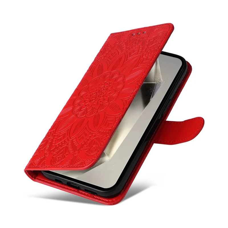 For Samsung Galaxy S25 Ultra Case Sunflower Imprint Leather Wallet Phone Cover - Red