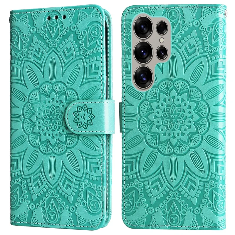 For Samsung Galaxy S25 Ultra Case Sunflower Imprint Leather Wallet Phone Cover - Green
