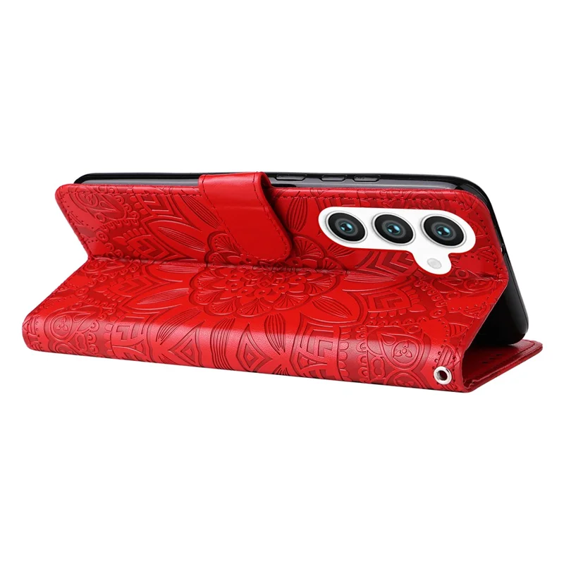 For Samsung Galaxy S25 Case Sunflower Imprint Leather Wallet Phone Cover - Red