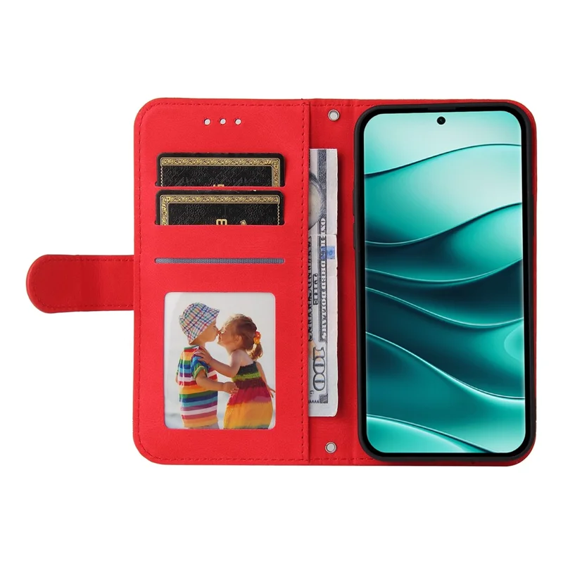 Etui portfelik z klapką z błękitnej skóry syntetycznej z funkcją podpórki i paskiem do ręki dla Xiaomi Redmi Note 14 Pro+ 5G / Note 14 Pro 5G / Poco X7 5G - Czerwony