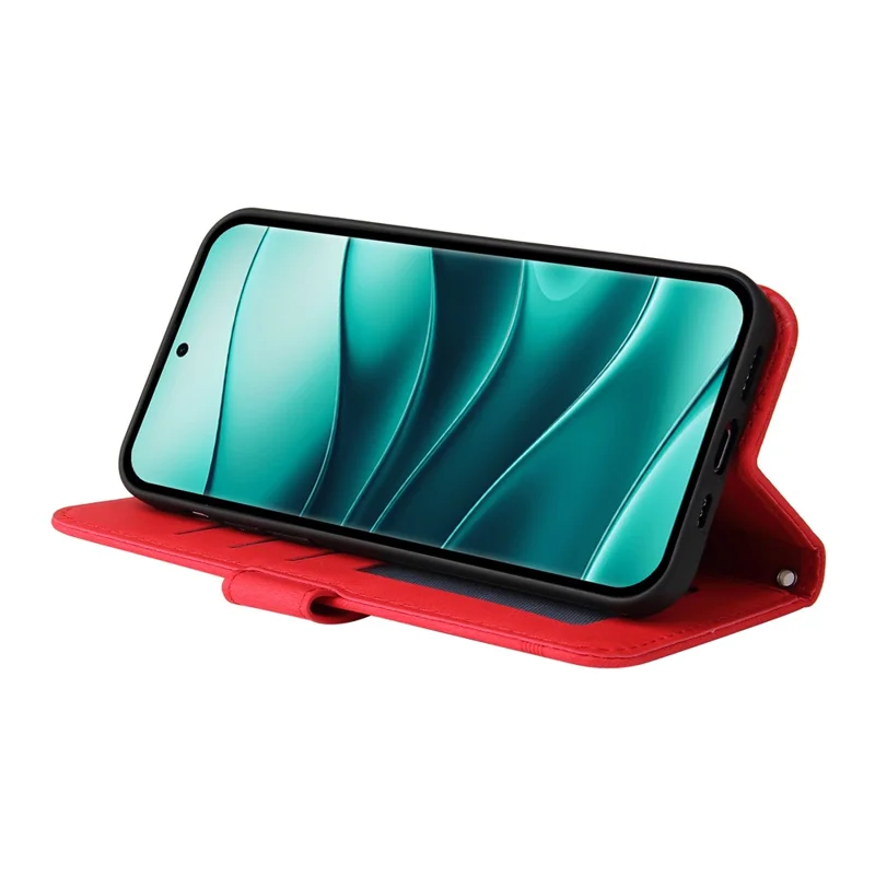Etui portfelik z klapką z błękitnej skóry syntetycznej z funkcją podpórki i paskiem do ręki dla Xiaomi Redmi Note 14 Pro+ 5G / Note 14 Pro 5G / Poco X7 5G - Czerwony